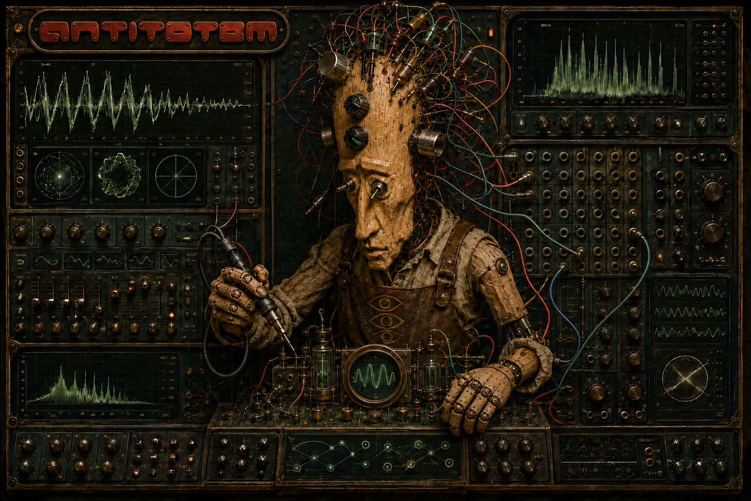Ilustração conceitual do Antitotem: uma figura de madeira com fios e válvulas conectada a um painel modular repleto de knobs e osciloscópios.