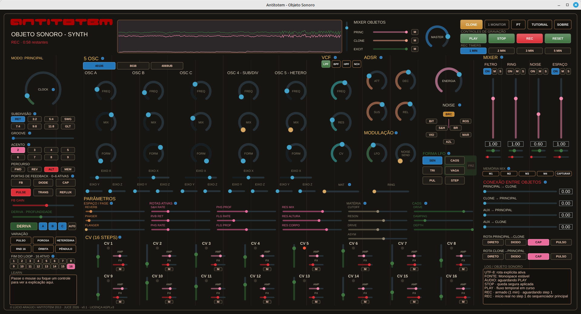Captura de tela do Antitotem — Objeto Sonoro rodando no modo PRINCIPAL, mostrando osciladores, VCF/ADSR, modulação, mixer e conexão entre objetos.